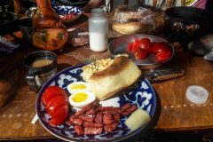 Typical Dushanbe breakfast, Fabian is treating us well.