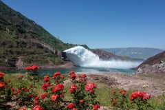 Nurek dam. Subtile water fontain.